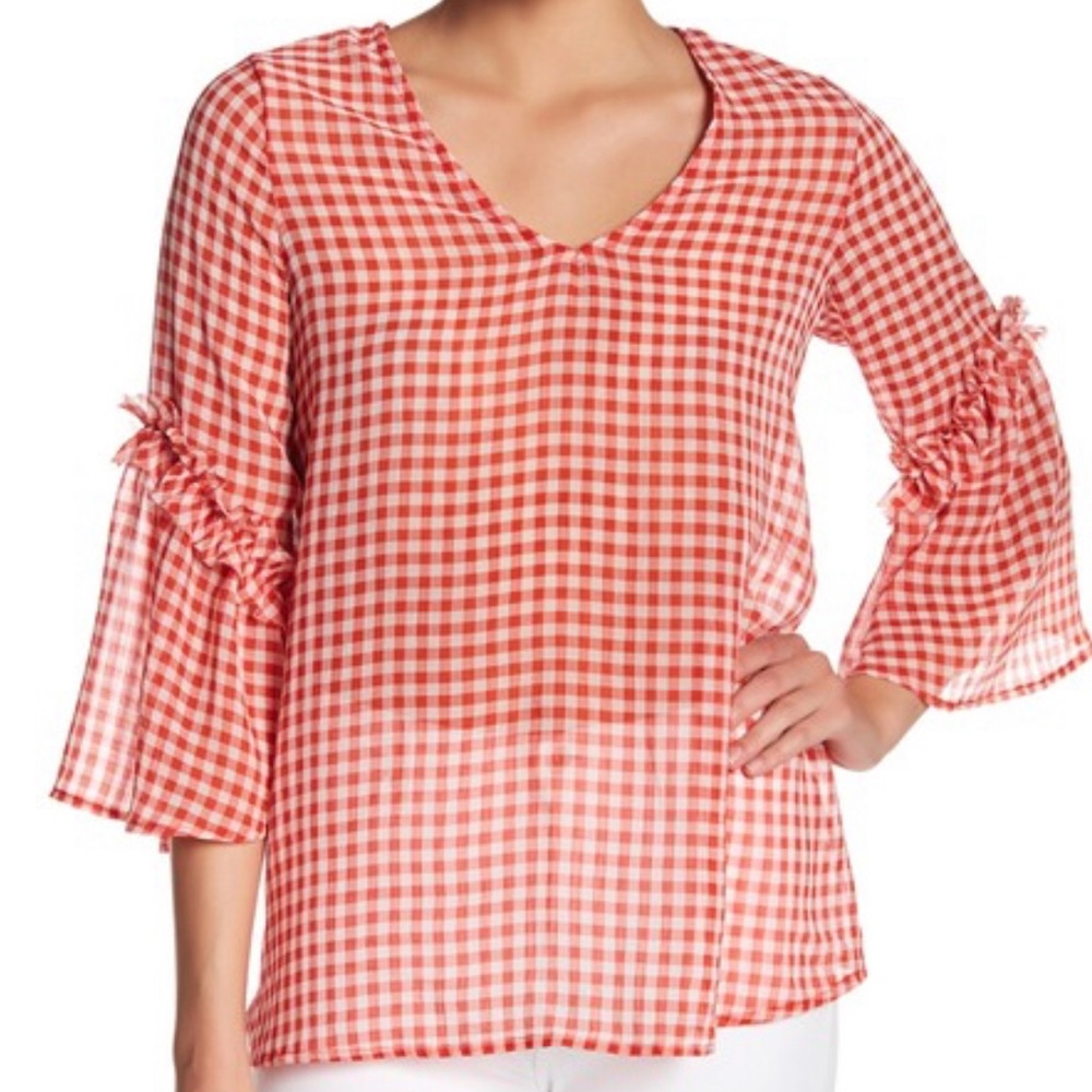 Pleione bell sleeve gingham plaid blouse, size S, runs large